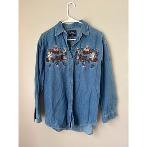 Vintage‎ Quizz Again Teddy Bear Embroidered Denim Button Down Shirt